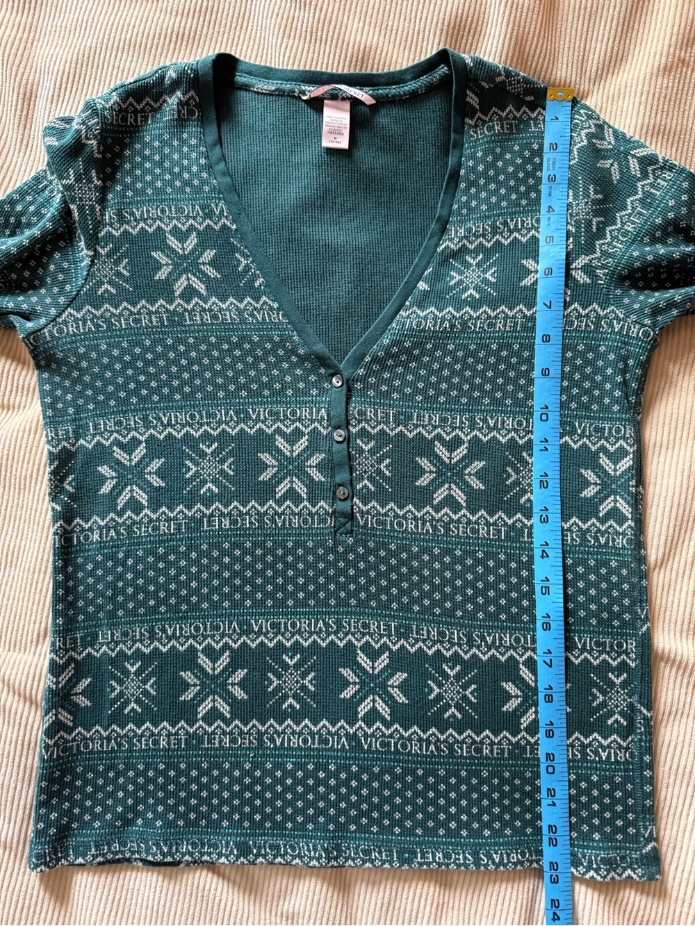 Victoria’s Secret Green Fair Isle Thermal Pajama Set Henley Shorts Medium - Picture 13 of 16